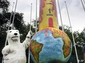 绿色和平组织成员装扮成北极熊站在温度计旁边