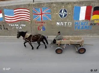 A Kosovar man drives a horse cart past drawings of the flags of countries that recognized Kosovo