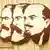 Marx, Engels and Lenin, three 19th century revolutionary figures, woodcut drawings