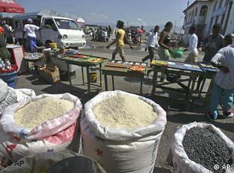 Rice and beans are for sale in a marketplace in Port-au-Prince
