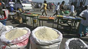 Rice and beans on sale in a marketplace in Port-au-Prince