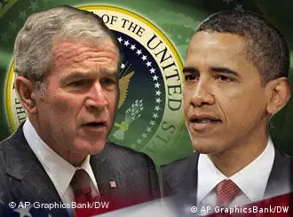 photo montage with pictures of Bush and Obama