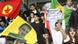 Group of protesting Kurds shown waving the PKK flag Group of protesting Kurds shown waving the PKK flag
