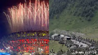 Photo collage of the Olympic opening ceremony in Beijing and a caravan of Russia troops moving into South Ossetia