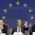 خاویر سولانا، هماهنگ‌کننده‌ی سیاست خارجی اتحادیه‌ی اورپا(چپ)، برنارد کوشنر، وزیر خارجه‌ فرانسه و اولی رن، کمیسر گسترش اتحادیه‌ی اروپا در کنفرانس مطبوعاتی در بروکسل