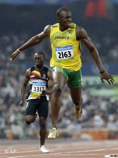 Jamaica's Usain Bolt crosses the finish line to win the gold in the men's 200-meter final during the athletics competitions in the National Stadium at the Beijing 2008 Olympics in Beijing, Wednesday, Aug. 20, 2008. (AP Photo/Anja Niedringhaus)