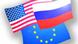 EU, US and Russian flags EU, US and Russian flags