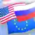Fotomontaža prikazuje zastave Rusije, Europske unije i Sjedinjenih Američkih Država