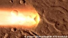 HANDOUT - Die Ilustration der Esa zeigt, wie das Schiaparelli-Modul in etwa 30 km Höhe durch die Atmosphäre des Mars fliegt. Die Sonde soll an diesem Mittwoch (19.10.) auf dem Roten Planeten landen und Daten senden. Foto: ESA/ATG medialab/dpa ACHTUNG: Nur zur redaktionellen Verwendung und nur mit Nennung Foto: ESA ATG-medialab/dpa +++(c) dpa - Bildfunk+++ |