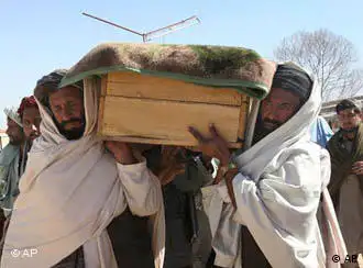 Afghans carry the coffin containing the body of a victim who was killed by Sunday’s suicide attack for a funeral service, in Kandahar province south of Kabul, Afghanistan on Monday, Feb. 18, 2008. Afghans buried relatives and friends Monday in the southern town of Kandahar a day after a suicide bomber blew himself up in a crowd of men and boys watching a dog fight, killing some 80 people. (AP Photo/Allauddin Khan)