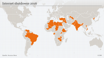 Map showing countries in which Internet shutdowns ocurred in 2016