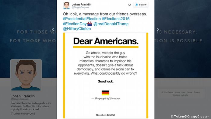 Screenshot Johan Franklin Twitter@CrappyCrapson US-Wahlen Deutsche Warnung