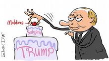 11.2016 Russland Karikatur von Sergey Elkin (Thema: Prorussische Kandidaten gewinnen Wahlen), Wladimir Putin setzt eine Kirsche mir der Überschrift Moldawien auf die Torte, auf der schon Trump und Bulgarien stehen, englische Version