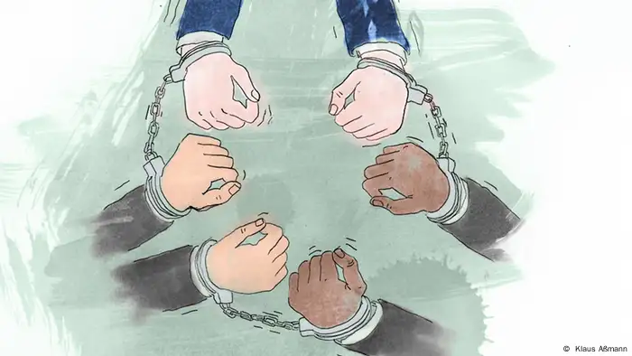 Sechs aneinander gekettete Hände (Illustration: Klaus Aßmann)