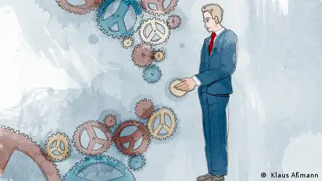 The president puts a cog in a series of cogs (Illustration: Klaus Aßmann)