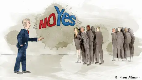 The president and a group of people yell yes and no at each other (Illustration: Klaus Aßmann)