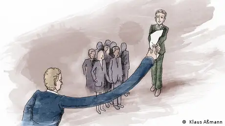 The president reaches past a group of people with a piece of paper in his hand (Illustration: Klaus Aßmann)