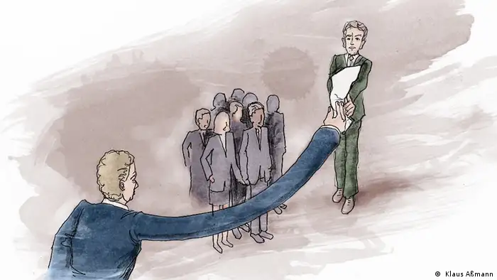 Der Präsident reicht mit einem verlängerten Arm ein Stück Papier an einer Menschengruppe vorbei (Illustration: Klaus Aßmann)