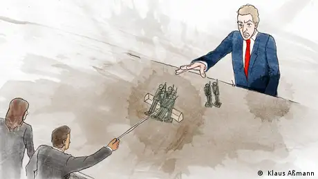 Two individuals pull soldiers away from the president (Illustration: Klaus Aßmann)