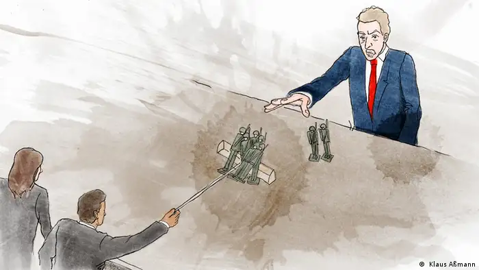 Zwei Menschen des Kongresses nehmen dem Präsidenten Spielzeugsoldaten weg (Illustration: Klaus Aßmann)