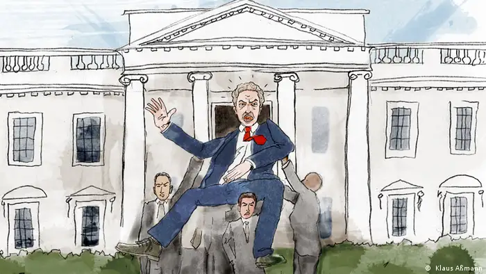 Mehrere Männer tragen den sich wehrenden Präsidenten aus dem Weißen Haus (Illustration: Klaus Aßmann)