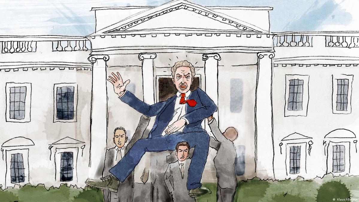 Ilustração mostra pessoas carregando homem de paletó para fora da Casa Branca 