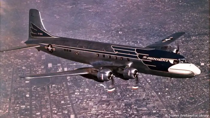 President Harry S. Truman replaced the Sacred Cow in 1947 with a Douglas DC-6 Liftmaster, named after Truman's Missouri hometown. The first presidential transport aircraft with a uniquely designed exterior (the nose was painted as a bald eagle),the Liftmaster had a range of 2,990 miles, accommodated up to 102 passengers, had a top speed of 308 mph and was 31 meters long. 