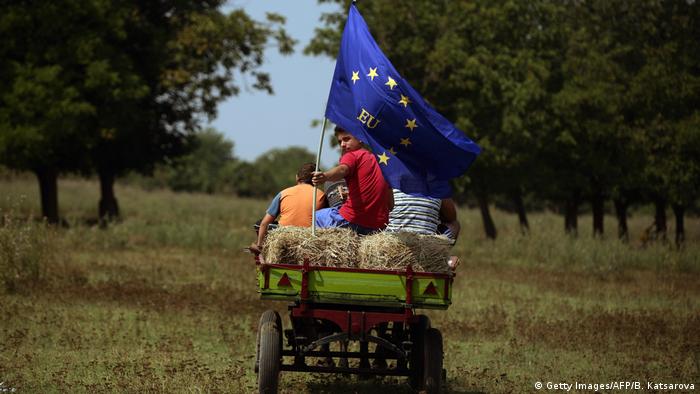 A small agricultural vehicle carries a few bales of hay and a child waving the blue EU flag 
