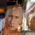 Russland Stankt Petersburg Masken von Putin und Trump