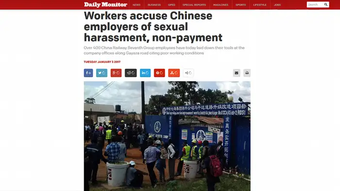 Screenshot Daily Monitor Arbeiter in Uganda streiken gegen schlechte Arbeitsbedingungen in chinesischen Firmen