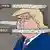 Карикатура: "Дональд Трамп" стоит у стены, из которой вокруг его головы торчат ножи с надписями "МИ-6, компромат", "ФСБ, компромат", "ФБР, компромат"