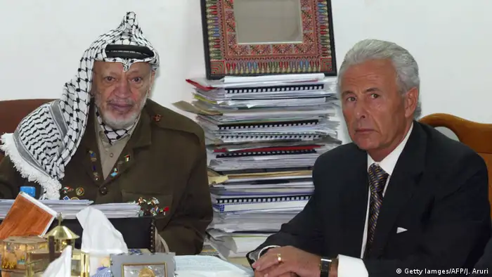 Yasser Arafat meets the UK's Middle East Commissioner Lord Levy (Getty Iamges/AFP/J. Aruri)