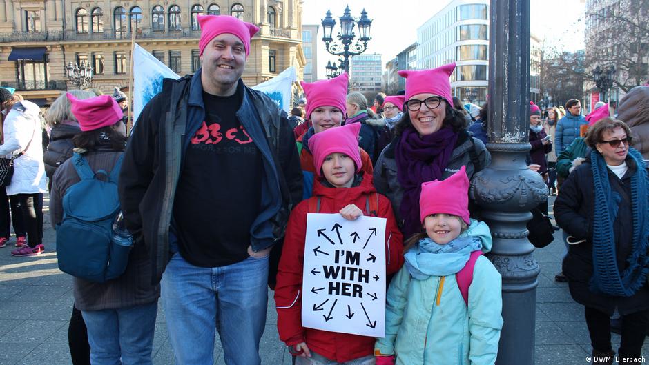 A sea of pink hats and protest signs at 