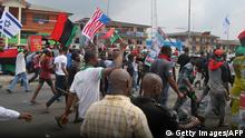 20.01.2017 *** Supporters of the Indigenous People of Biafra (IPOB) march in Port Harcourt on January 20, 2017 in support of the US president-elect.
Donald Trump will be sworn in as the 45th president of the United States on January 20 -- capping his improbable journey to the White House and beginning a four-year term that promises to shake up Washington and the world. / AFP / STRINGER (Photo credit should read STRINGER/AFP/Getty Images)