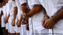 25.01.2017+++Zacatecoluca, El Salvador+++
Shackled gang members stand in a line upon their arrival at a maximum security prison in Zacatecoluca, 65 km east of San Salvador, on January 25, 2017. Twenty-seven gang members arrested in connection with the murders of policemen and soldiers were transferred on Wednesday to Zacatecoluca maximum security prison. The Salvadorean authorities reported that all of them were members of the violent MS-13 gang. / AFP / Marvin RECINOS (Photo credit should read MARVIN RECINOS/AFP/Getty Images)