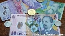 Rumänische Geldscheine und Münzen, aufgenommen am 23.05.2007 in Sibiu/ÂHermannstadt. Leu ist das rumänische Wort für Löwe und die Bezeichnung der Währung wird darauf zurückgeführt, daß im 17. Jahrhundert in den rumänischen Fürstentümern niederländische Löwentaler zirkulierten. Ein Leu (Lei) ist in 100 Bani (Singular Ban) unterteilt. Bani bedeutet im rumänischen Sprachgebrauch auch ganz allgemein Geld.Foto: Jens Kalaene +++(c) dpa - Report+++ | Verwendung weltweit