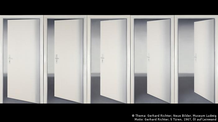 A Gerhard Richter paiting: Five white doors opening on a empty grey corridor.