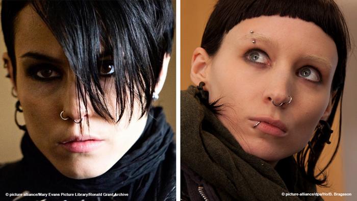 Two films stills, The Girl with the Dragon Tattoo, left: Noomi Rapace; right: Rooney Mara as Lisbeth Salander