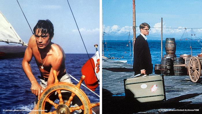 Two film stills, versions of The Talented Mr. Ripley: Alain Delon on a sailboat and Matt Damon with a suitcase at a harbor