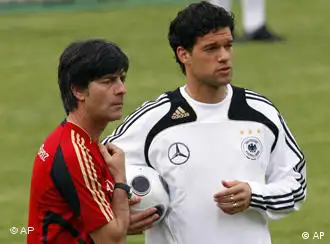 ** FILE ** In this May 26, 2008 file picture, Michael Ballack, right, talks to his coach Joachim Loew, left, during a public training session of the German national soccer team in Homburg near Kaiserslautern, southwestern Germany. Germany captain Ballack met with coach Loew on Thursday Oct. 30, 2008 in an attempt to settle a dispute stemming from Ballack's criticism of the coach's selection criteria. (AP Photo/Daniel Roland)