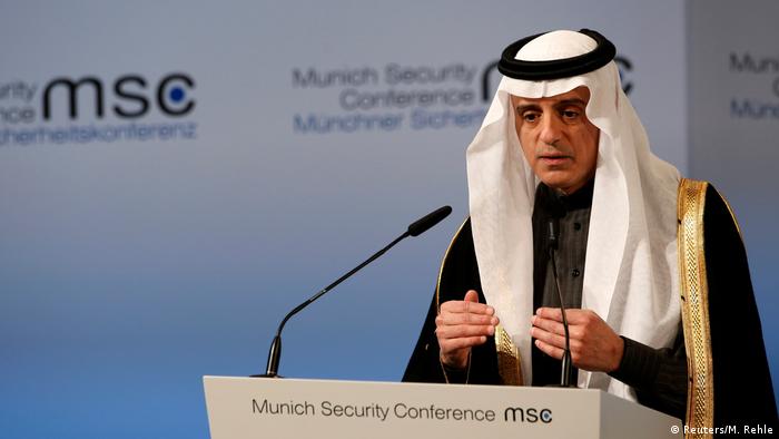 Saudi Arabian Foreign Minister Adel al Jubair speaking at the Munich Security Conference