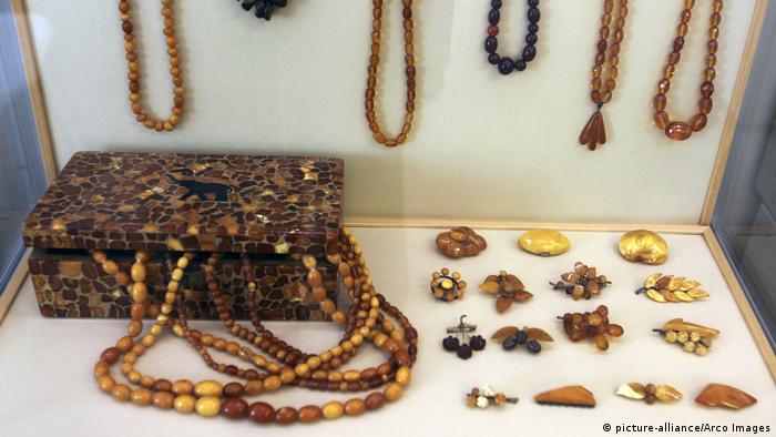 Amber necklaces and jewelry on display 