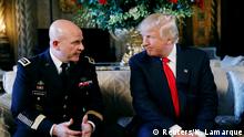 U.S. President Donald Trump looks toward his new National Security Adviser Army Lt. Gen. H.R. McMaster after making the announcement at his Mar-a-Lago estate in Palm Beach, Florida U.S. February 20, 2017. REUTERS/Kevin Lamarque