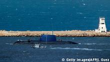 An Israeli army Dolphin-class submarine sailing at Israel's Naval port in the Mediterranean city of Haifa