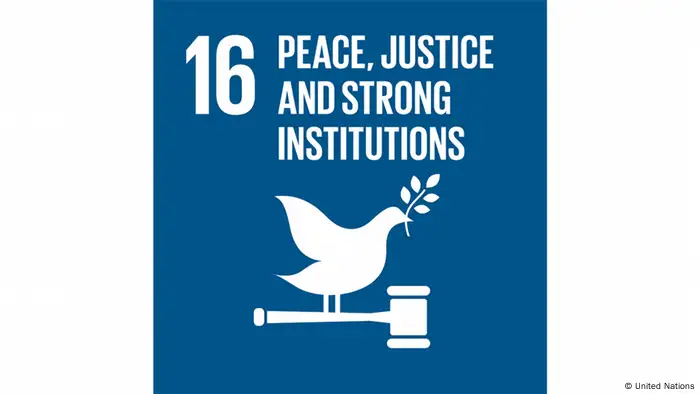 UN SDG 16 logo showing stylized dove sitting on a hammer and holding an olive branch and the words peace, justice and strong institutions