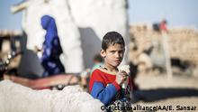 ALEPPO, SYRIA - FEBRUARY 18: A boy eats a bread in Aleppo, Syria on February 18, 2017. The Foundation for Human Rights and Freedoms and Humanitarian Relief (IHH), a Turkish NGO, supports Syrian people to provide food, emergency support, shelter, clothing and health care. Syrians especially women and children, who flee the attacks, shelter at tents and try to maintain their lives with humanitarian aid, at al-Bab town of Aleppo. Emin Sansar / Anadolu Agency | Keine Weitergabe an Wiederverkäufer.