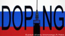Symbolbild zum Doping Skandal im russischen Sport Flagge Russland s mit Schriftzug Doping und Nadel einer Spritze | Verwendung weltweit