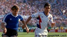 30 June 1990 - Fifa World Cup Quarter Final - Yugoslavia v Argentina - Faruk Hadzibegic of Yugoslavia (right) tries to keep up with Claudio Caniggia of Argentina (left). (PhotoX-Request-Serviced-By: ash-d