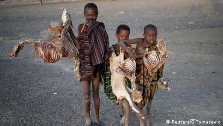 Boys carry carcasses of goats in a village near Loiyangalani, Kenya (Reuters/G.Tomasevic)