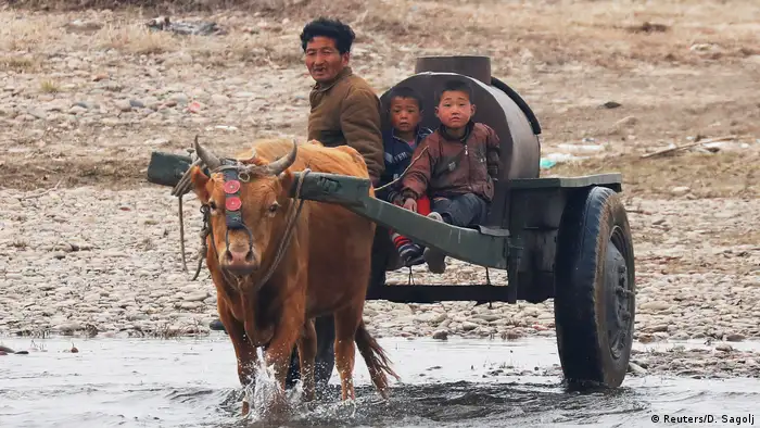 Für die Touristen auf chinesischer Seite ist ein kurzer Blick auf den Alltag in Nordkorea und seine Bürger besonders spannend. Mit welchen Mitteln beispielsweise Bauern arbeiten, zeigt dieses Ende März bei Sinuiju aufgenommene Foto. 